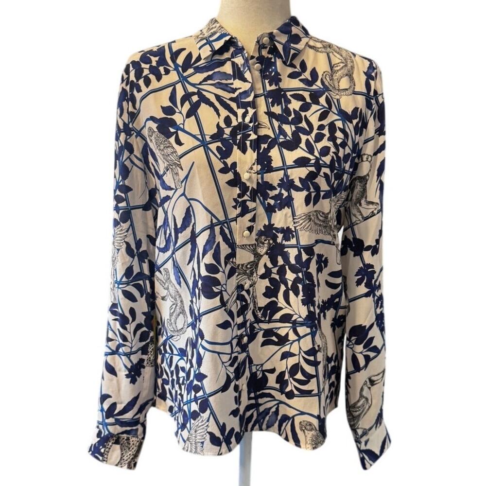 Sezane x Inoui Editions Pierro Shirt 100% Silk Rare Bird Jungle Print Size 38/M - Picture 2 of 7